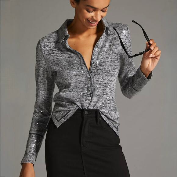 Anthropologie Pilcro Shimmer Collared Shirt - Gray/Silver - Size S - Picture 1 of 8